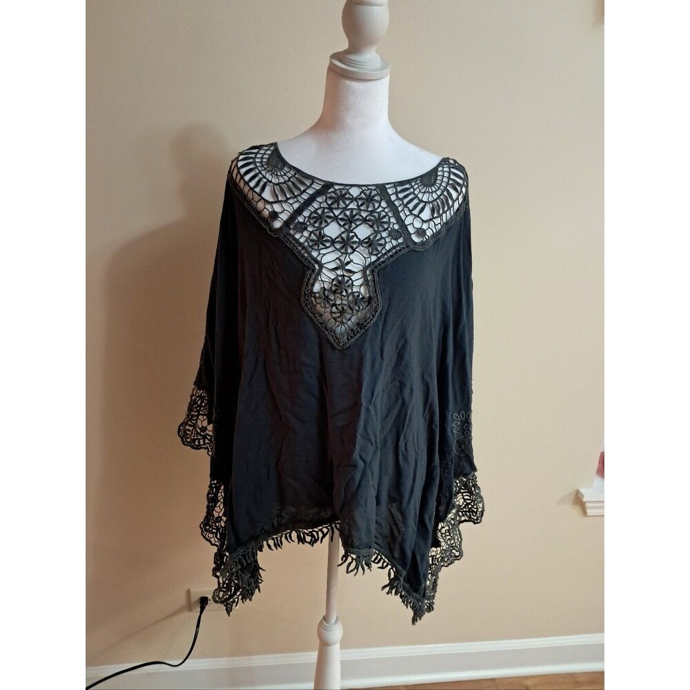 XCVI Pullover Tunic Top Women's 1 Size Gray Crochet Fringe Embroidered Bohemian